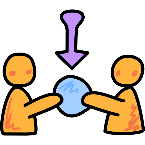 two yellow figures holding a blue ball between them, a purple arrow points down at the ball.